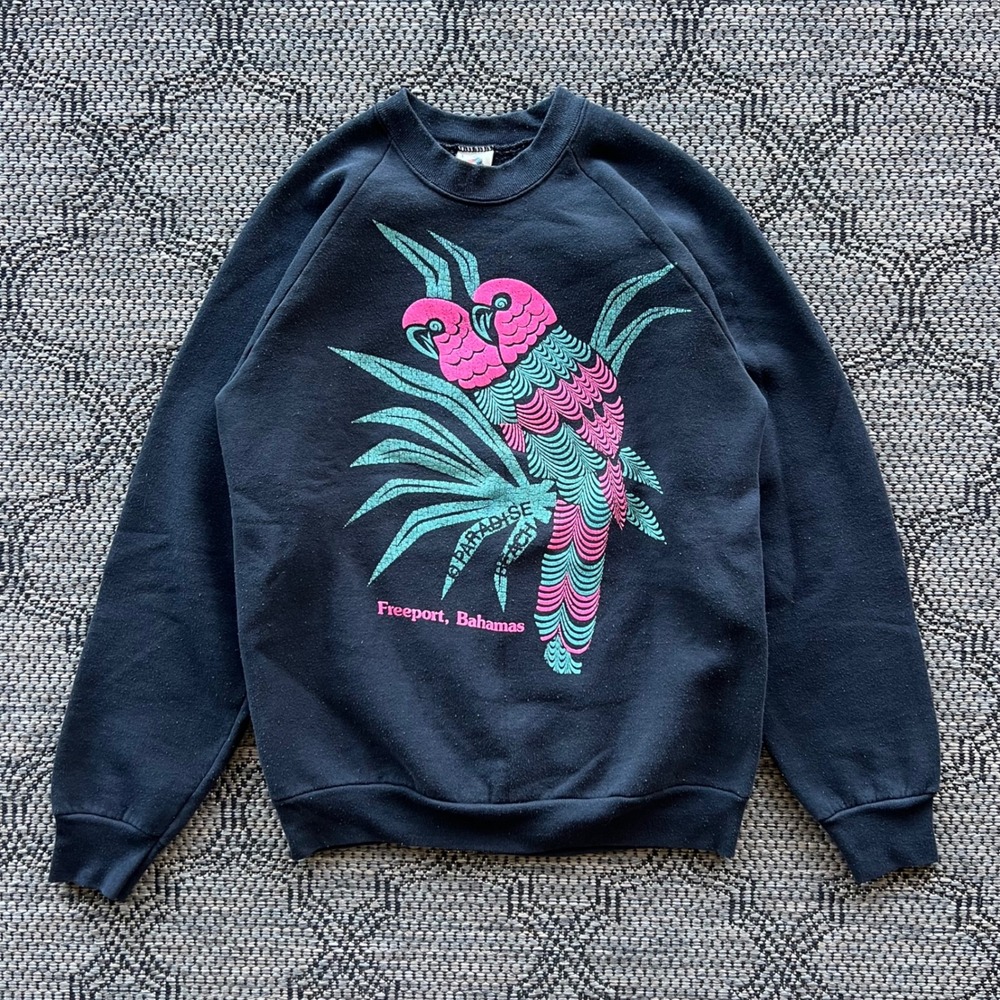 Vintage Nature Sweatshirt‎ Mens Large Black Paradise Destination Bahamas Parrots